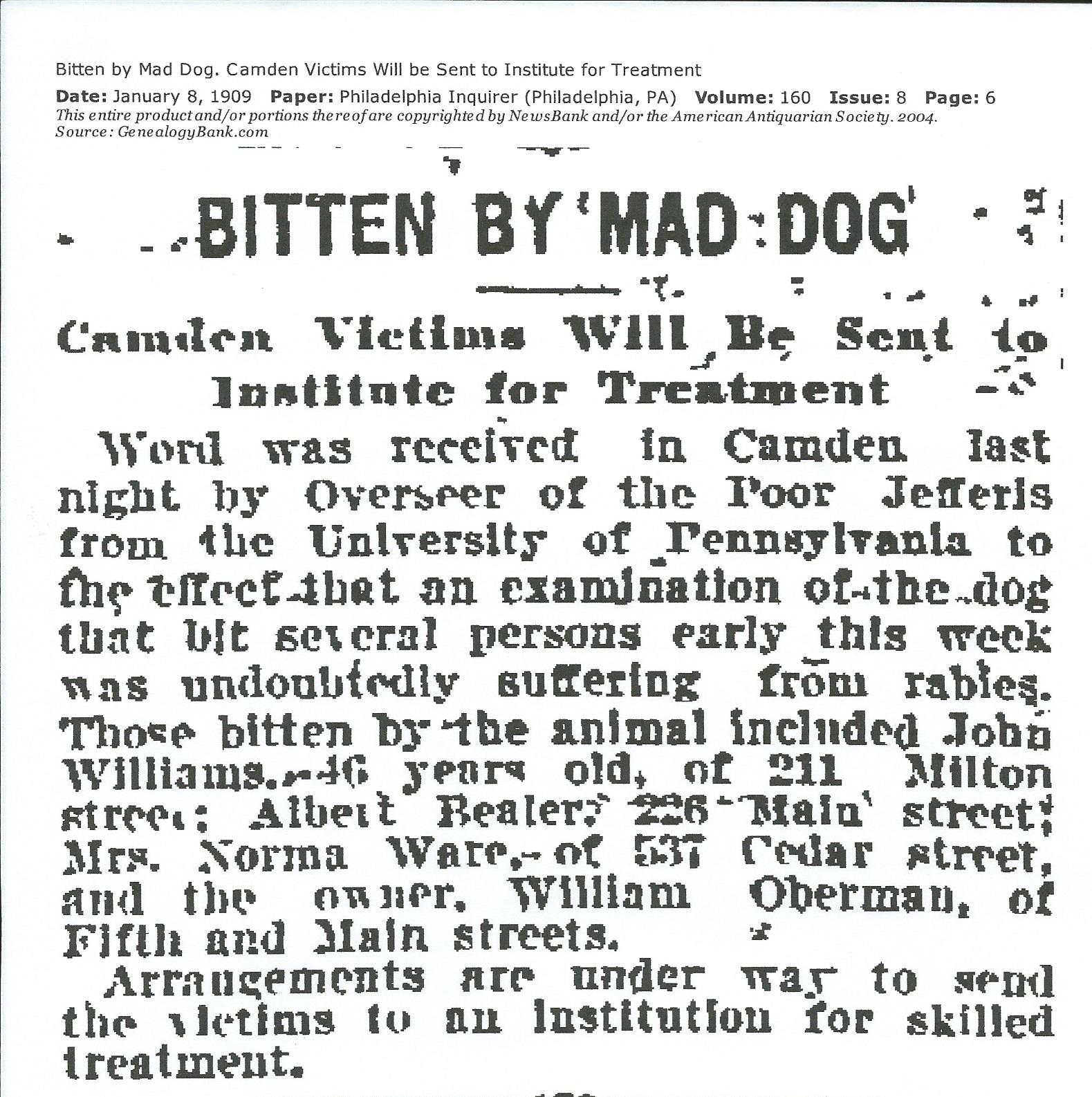 Bitten by Mad Dog — Philadelphia Inquirer, January 8, 1909