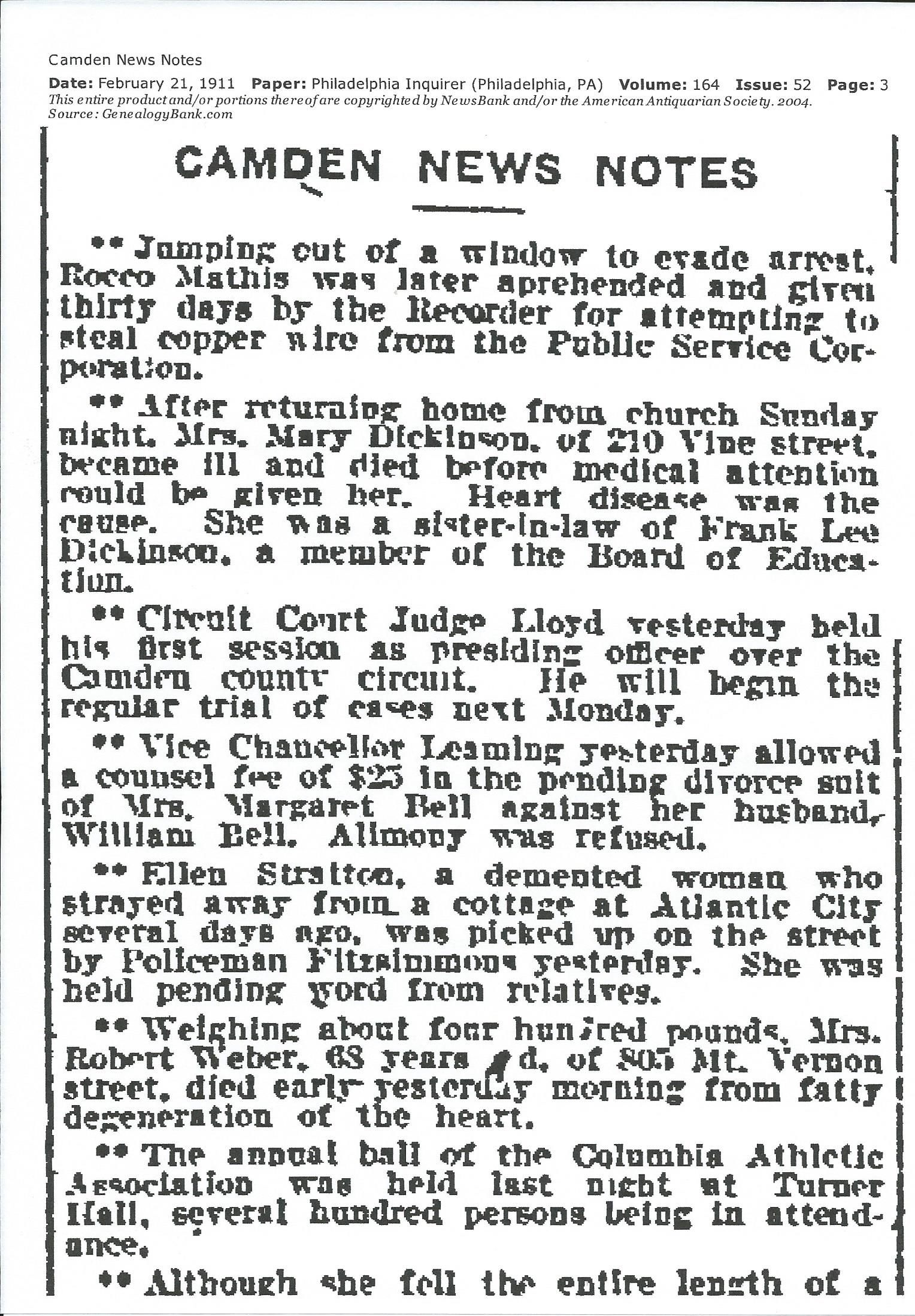Camden News Notes — Philadelphia Inquirer, February 21, 1911