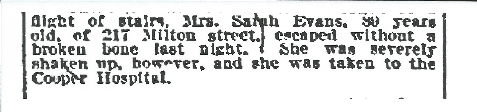 Mrs. Sarah Evans stair fall — Philadelphia Inquirer, February 21, 1911