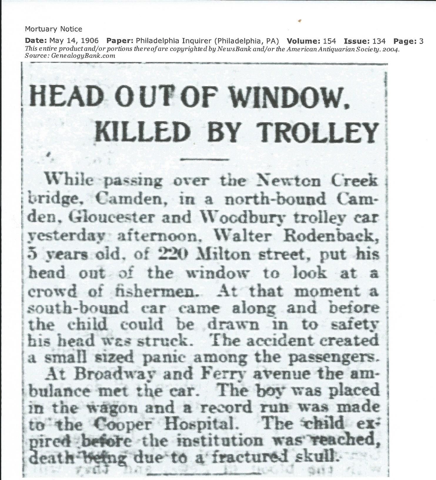 Head Out of Window, Killed by Trolley — Philadelphia Inquirer, May 14, 1906