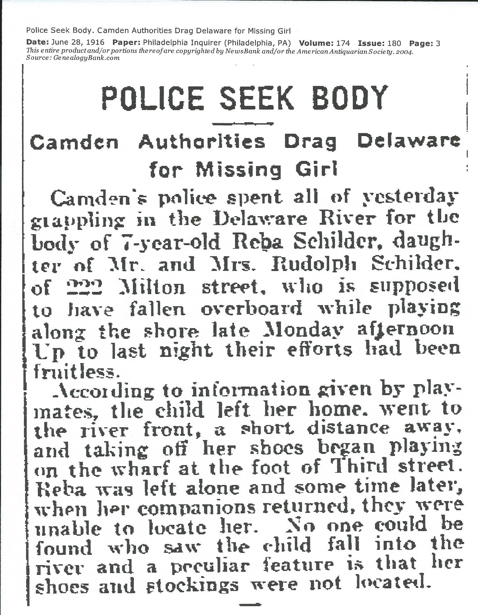 Police Seek Body — Philadelphia Inquirer, June 28, 1916