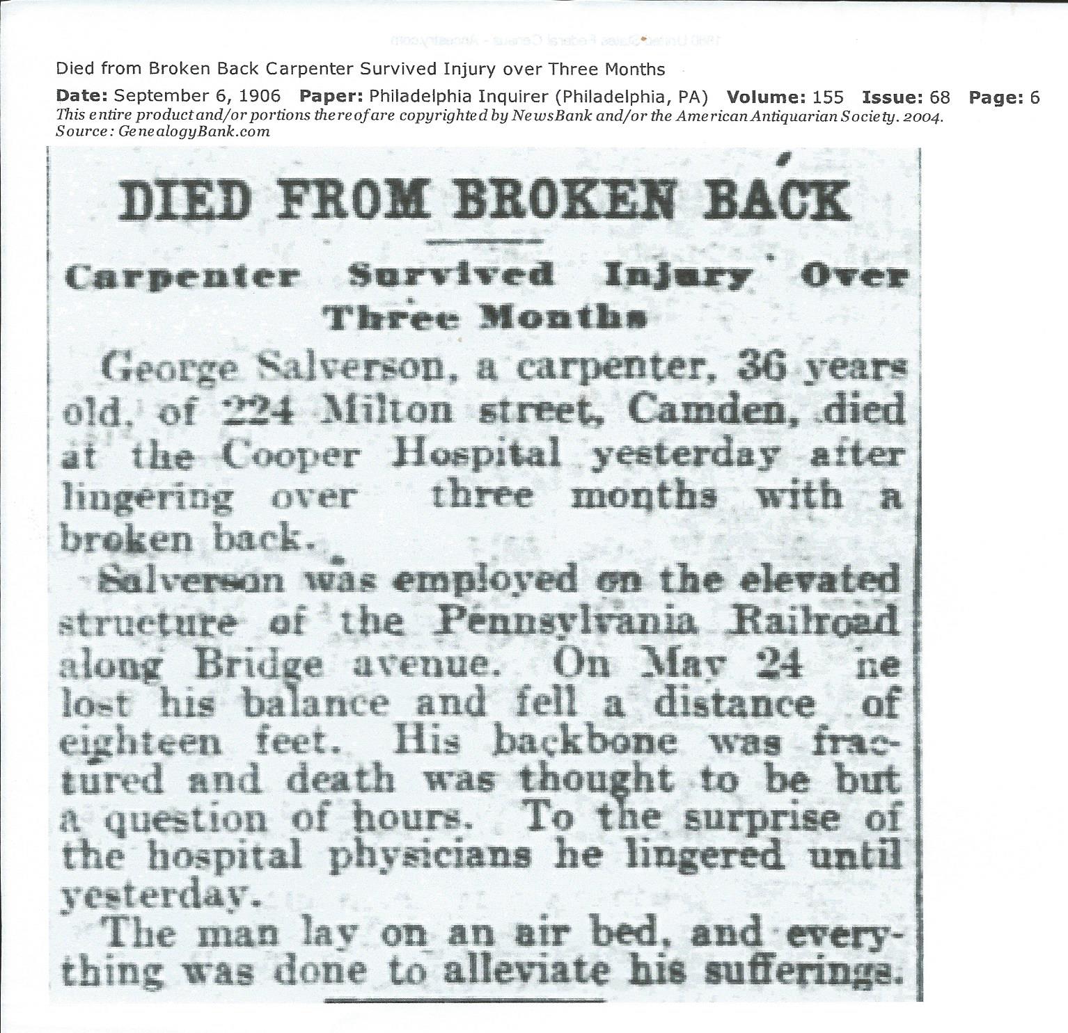 Died from Broken Back — Philadelphia Inquirer, September 6, 1906