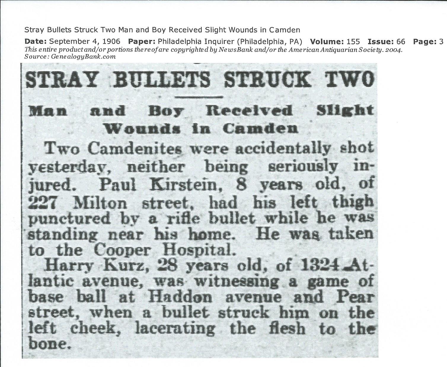 Stray Bullets Struck Two — Philadelphia Inquirer, September 4, 1906