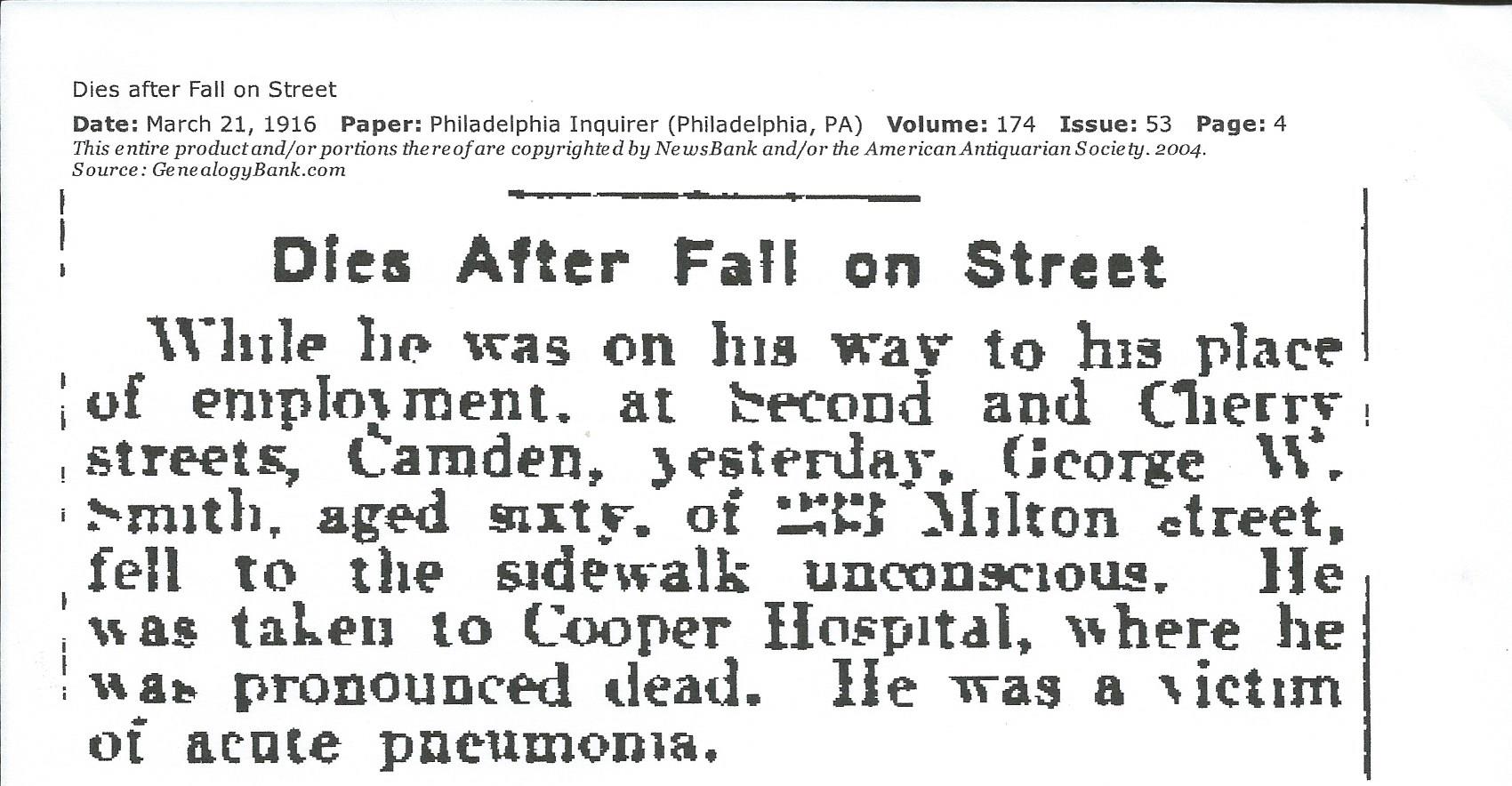 Dies After Fall on Street — Philadelphia Inquirer, March 21, 1916
