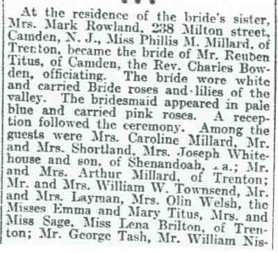 Rowland-Titus wedding at 238 Milton Street — Philadelphia Inquirer, May 18, 1902