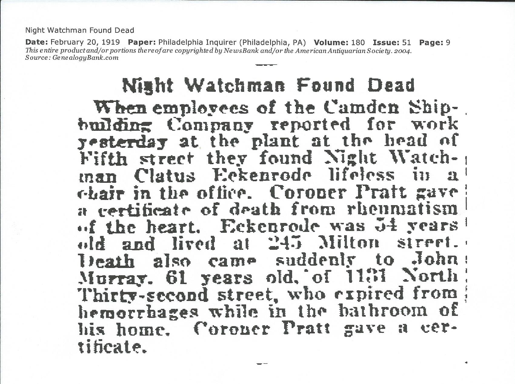 Night Watchman Found Dead — Philadelphia Inquirer, February 20, 1919