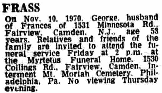 Obituary for George Frass, 1531 Minnesota Road, Camden Courier-Post, November 12, 1970