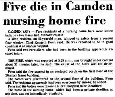 Five die in Camden nursing home fire — Camden Courier-Post, November 23, 1977