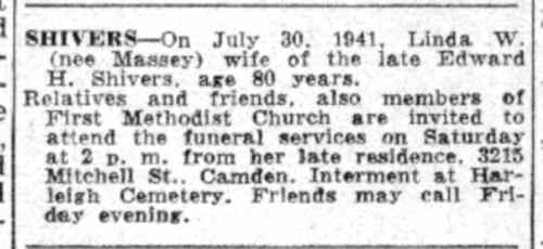 Shivers funeral notice — Camden Courier-Post, July 30, 1941