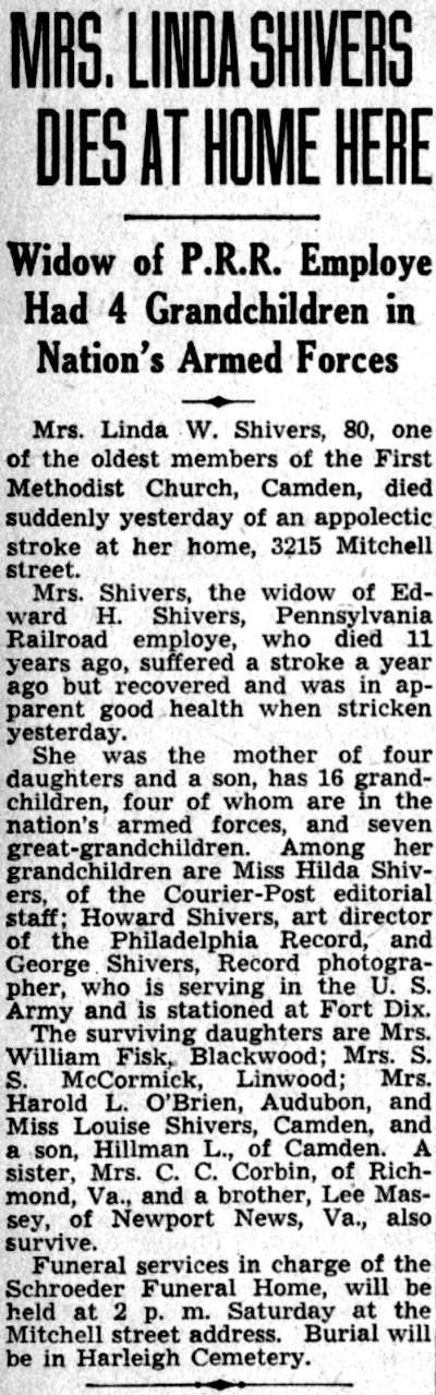 Mrs. Linda Shivers Dies at Home Here — Camden Courier-Post, July 31, 1941