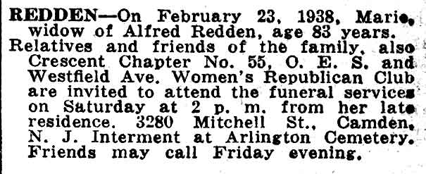 Redden funeral notice — Camden Courier-Post, February 25, 1938