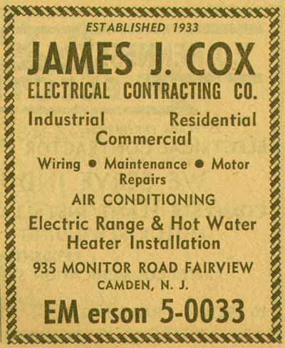 James J. Cox Electrical Contracting Co. — 935 Monitor Road, Fairview, Camden, NJ — New Jersey Bell Yellow Pages, 1955