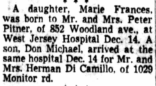 Birth announcement — Herman DiCamillo, 1029 Monitor Road — Camden Courier-Post, December 22, 1952