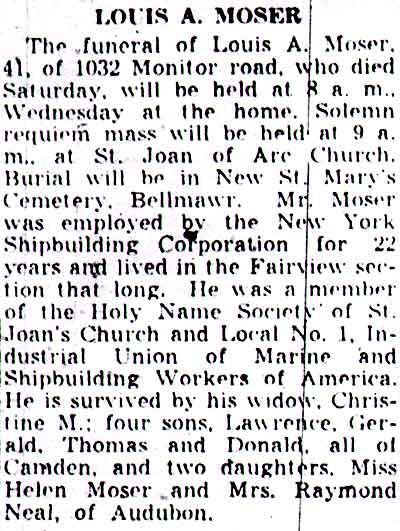 Louis A. Moser obituary — 1032 Monitor Road — Camden Courier-Post, March 6, 1939