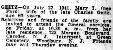Mary I. Geitz obituary, 725 Morgan Boulevard, July 24, 1941