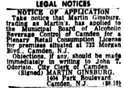 Martin's Bar, 732 Morgan Street, Camden Courier-Post, June 2, 1961