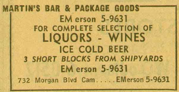 Martin's Bar, 732 Morgan Street, 1955 New Jersey Bell Yellow Pages ad