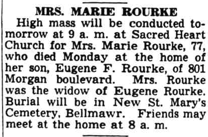 Mrs. Marie Rourke obituary, 801 Morgan Boulevard, March 12, 1941