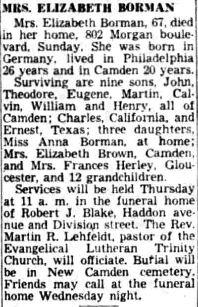 Mrs. Elizabeth Borman obituary, 802 Morgan Boulevard, November 6, 1951