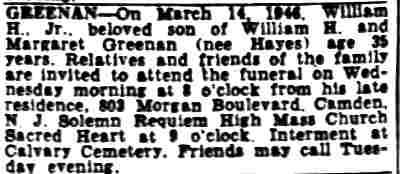 William H. Greenan Jr. death notice, 803 Morgan Boulevard, March 18, 1946