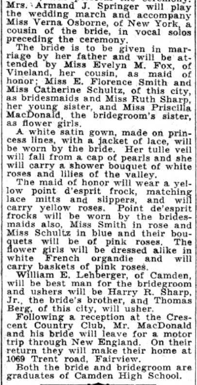 MacDonald-Sharp wedding announcement, 819 Morgan Boulevard, Camden Courier-Post, June 4, 1932