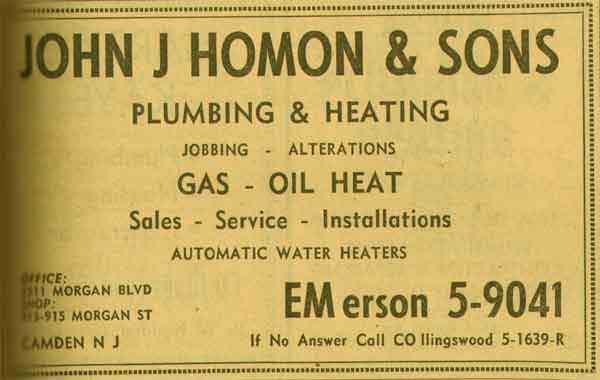 John J. Homon & Sons, Plumbing & Heating, 2511 Morgan Boulevard, 1955 Yellow Pages ad