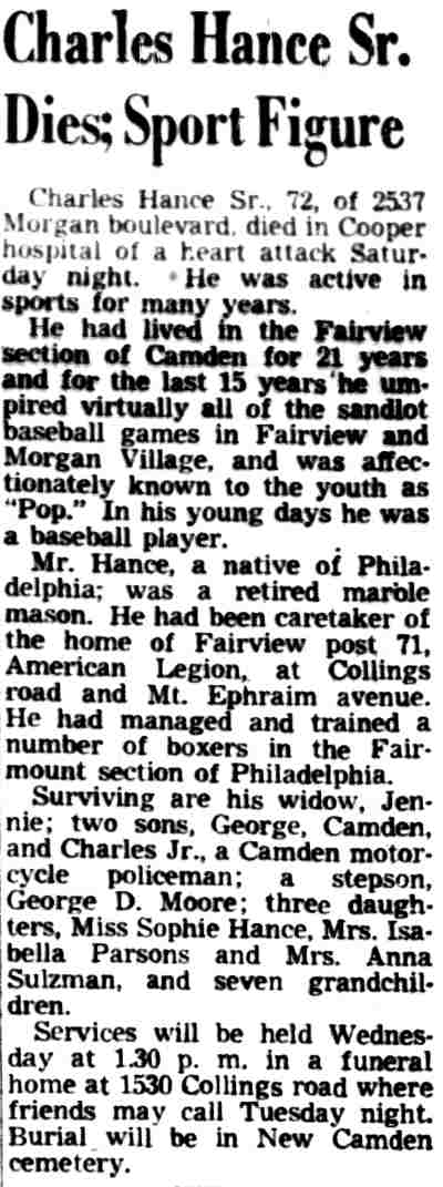 Charles Hance Sr. Dies; Sport Figure, Camden Courier-Post, March 26, 1951