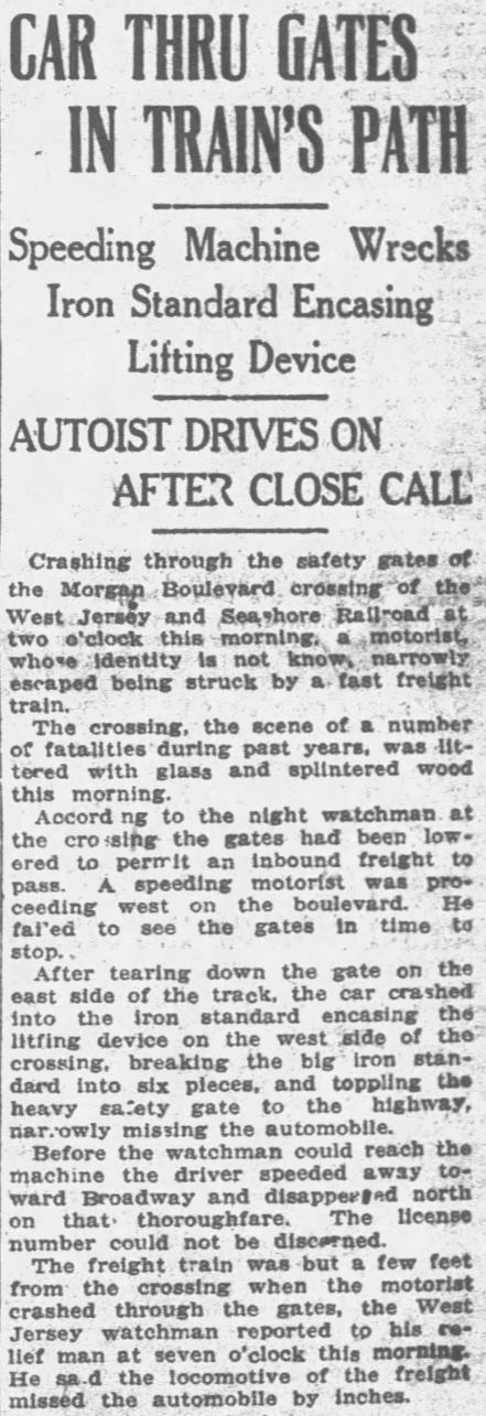 Car through gates in train's path at Morgan Boulevard railroad crossing, Camden Post-Telegram, November 9, 1923
