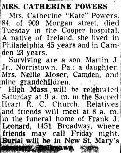 Mrs. Catherine 'Kate' Powers obituary, 909 Morgan Street, September 26, 1951