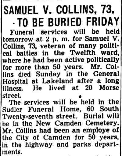 Samuel V. Collins obituary, 1938 (part 1)