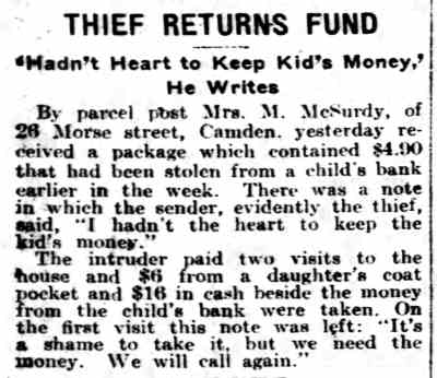 Thief Returns Fund — 26 Morse Street, 1916