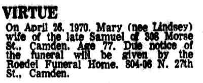 Mary Virtue death notice — 308 Morse Street, 1970