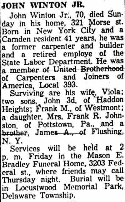 John Winton Jr. obituary — 321 Morse Street, 1957