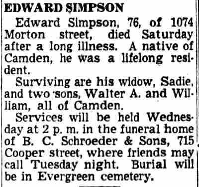 Edward Simpson obituary, Camden Courier-Post, October 16, 1950