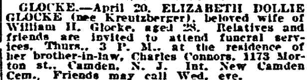 Elizabeth Dollie Glocke obituary, Philadelphia Inquirer, April 23, 1919