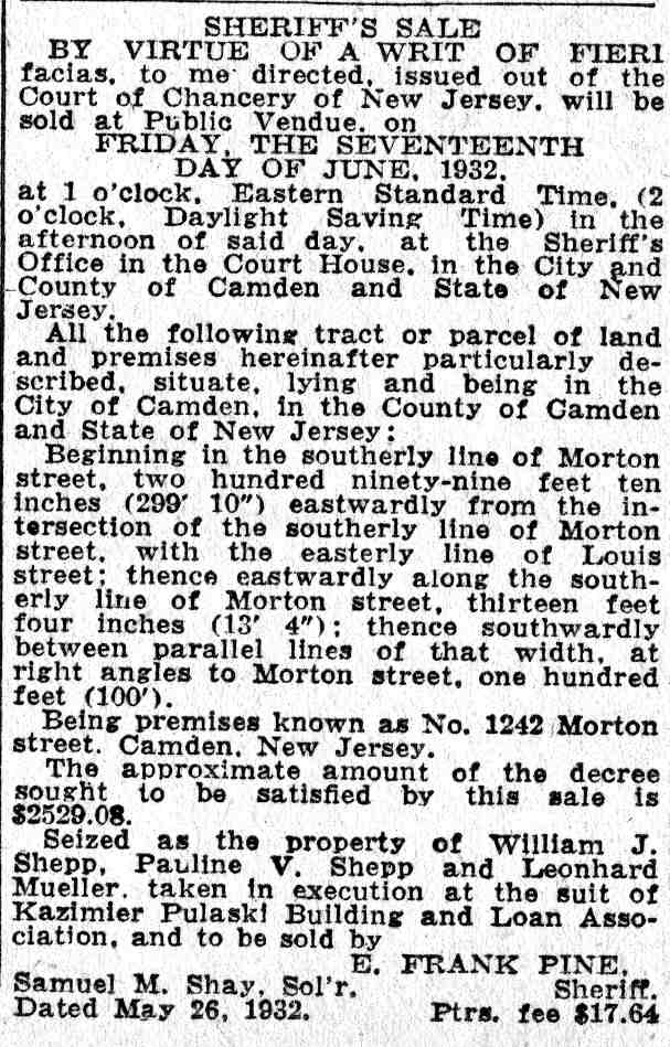 Sheriff's Sale notice, 1242 Morton Street, Camden Courier-Post, June 9, 1932