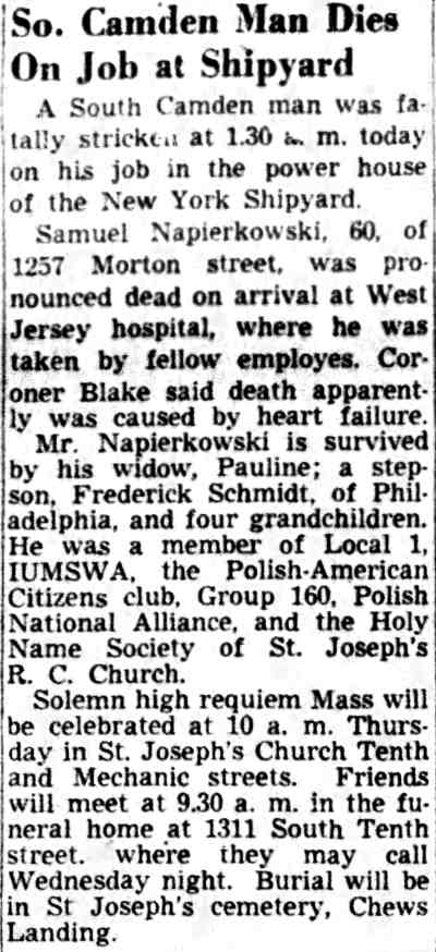 So. Camden Man Dies On Job at Shipyard, Camden Courier-Post, June 26, 1950