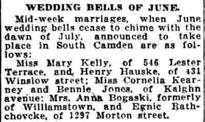 Wedding Bells of June, Camden Daily Courier, June 29, 1921