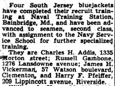 Four South Jersey Bluejackets complete recruit training, Camden Courier-Post, February 10, 1943