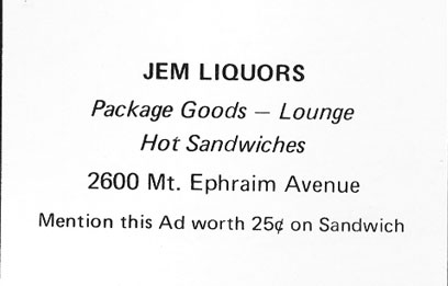 2600 Mt. Ephraim Avenue, JEM Liquors, 1977 Fire Watch Magazine ad