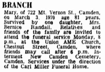 722 Mount Vernon Street — Walter Branch family, Camden Courier-Post March 6, 1970