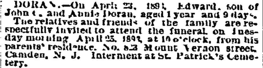823 Mount Vernon Street — John Doran & Family, Philadelphia Inquirer April 25, 1893