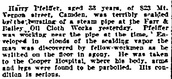 823 Mount Vernon Street — Harry Pfeiffer, Farr & Bailey Oil Cloth Works, Philadelphia Inquirer July 12, 1905