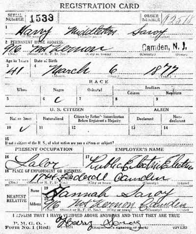 916 Mount Vernon Street — Harry Middleton Savoy World War I draft card, 1918