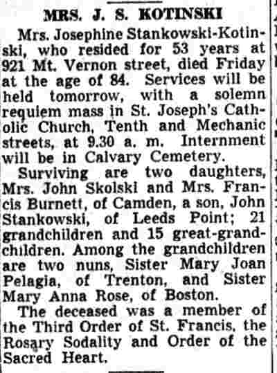 921 Mount Vernon Street — Mrs. Josephine Stankowski-Kotinski, Camden Courier-Post September 21, 1942