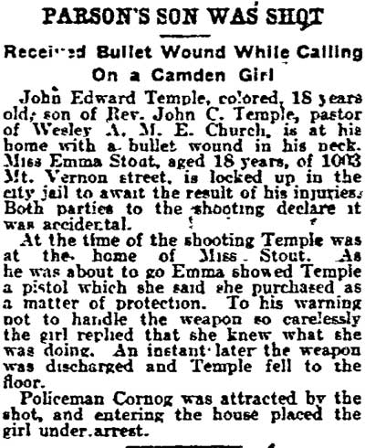 1003 Mount Vernon Street — Miss Emma Stout, Wesley A.M.E. Church, Philadelphia Inquirer January 15, 1905