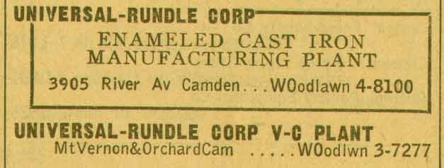 Universal Rundle Corporation at Mount Vernon Street and Orchard Street — 1955 New Jersey Bell Yellow Pages listing