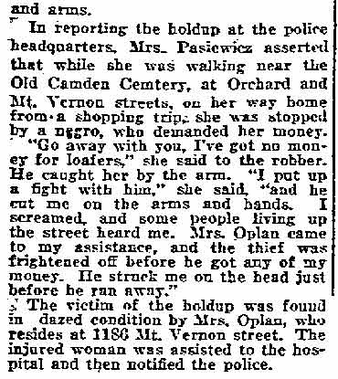 Intersection of Mount Vernon Street and Orchard Street — Mrs. Walenya Pasiewicz, Philadelphia Inquirer November 7, 1921 (part 3)