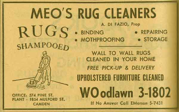 Meo's Rug Cleaners — 1854 Mulford Street — 1955 New Jersey Bell Yellow Pages ad