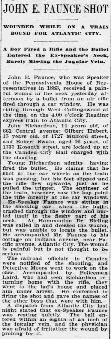 Philadelphia Inquirer, April 3, 1895 — John E. Faunce Shot — 1727 Mulford Street